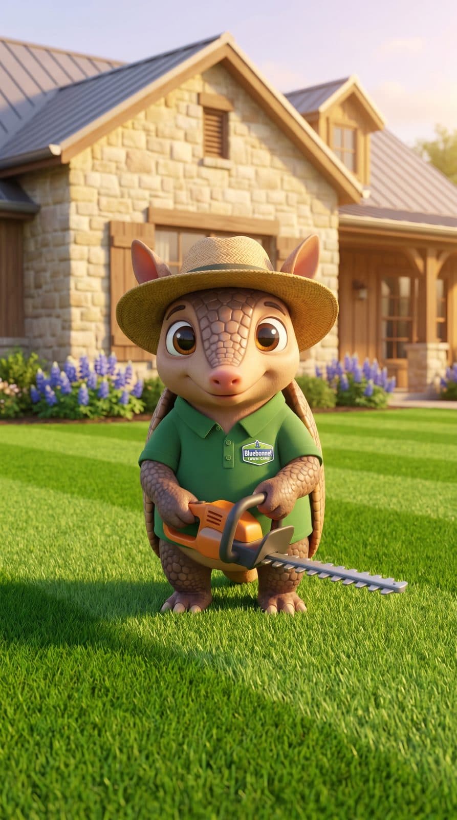 Animated armadillo mascot in a landscaper uniform on a striped green lawn