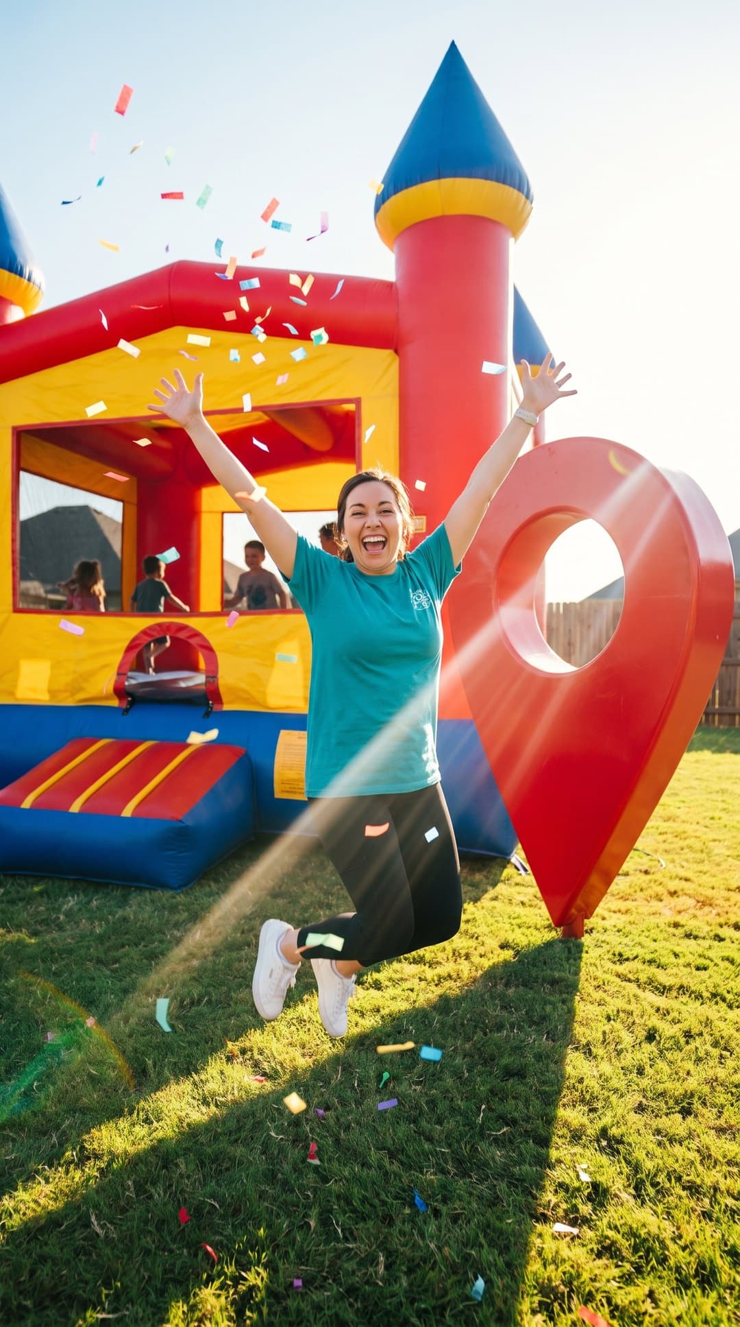 Party rental owner jumping in front of an inflatable bounce castle beside a giant red map pin