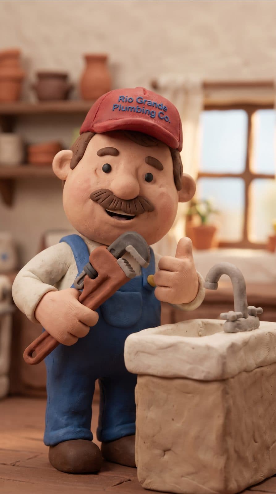 Clay stop-motion plumber mascot holding a wrench in a miniature kitchen set