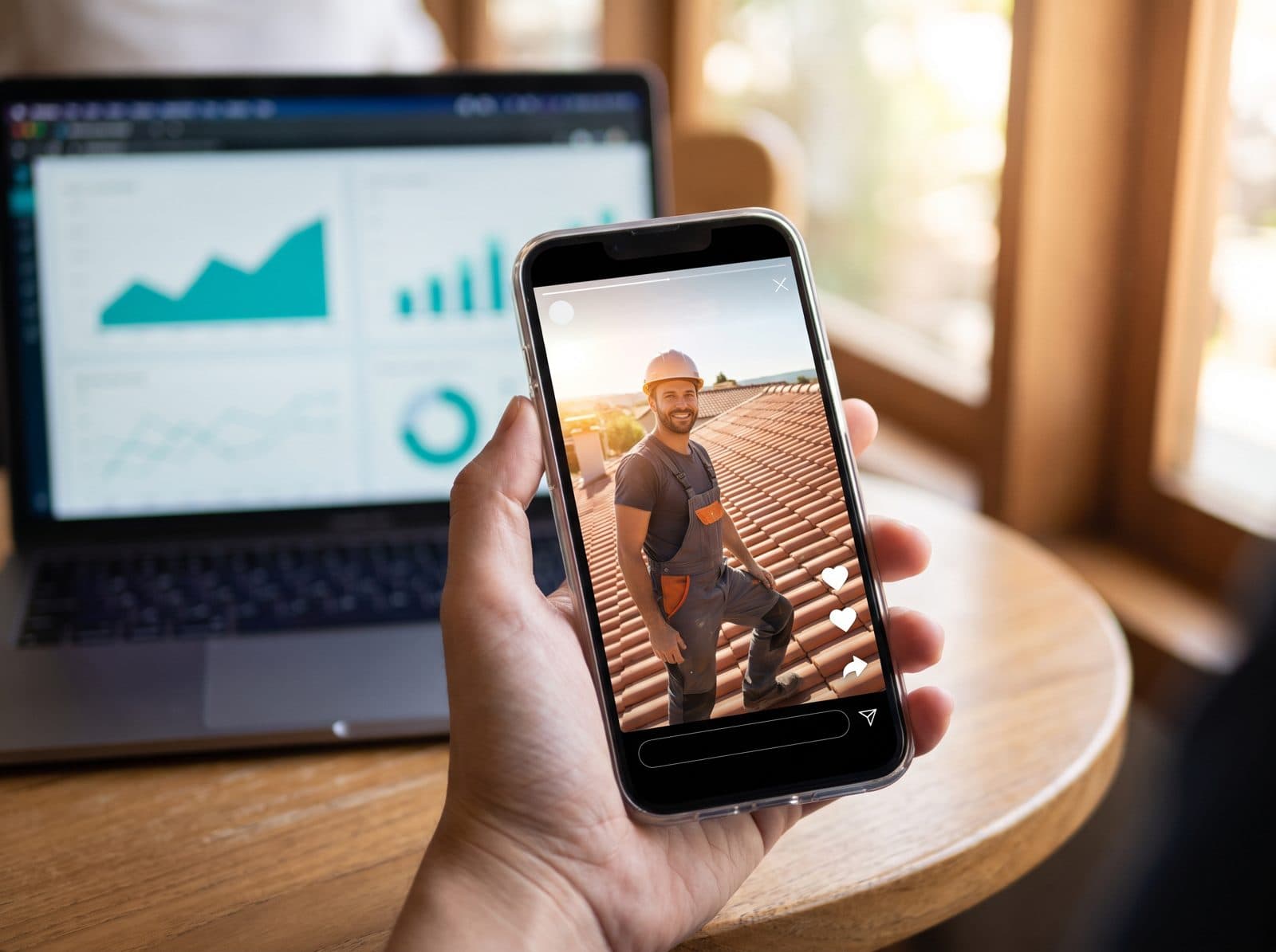 A phone showing a roofing commercial in a social feed, with campaign charts on a laptop behind it