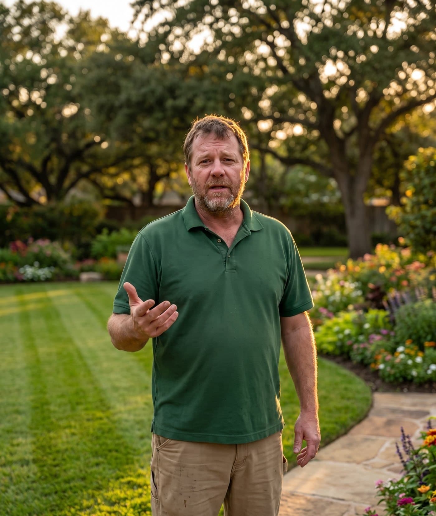 The same business owner placed in a new setting: backyard at golden hour